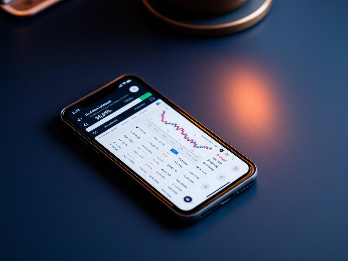 Smartphone con app di trading su superficie scura